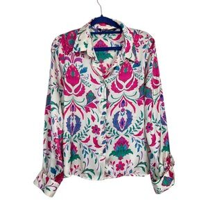 Zara White Blouse with Pink Green and Blue Floral Print